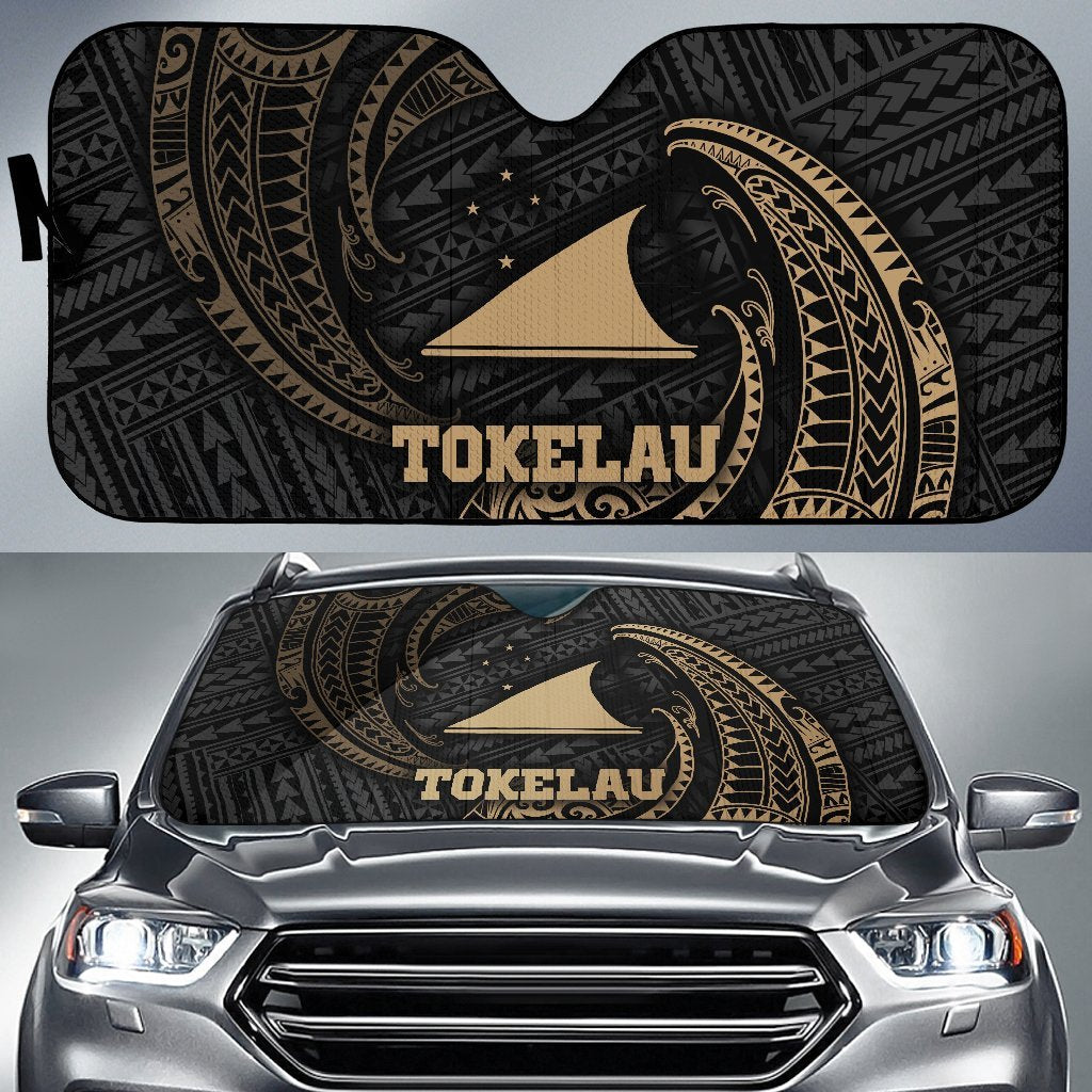 Polynesian Tokelau Sun Shades - Gold Tribal Wave Auto Sun Shade Universal Fit Gold - Polynesian Pride