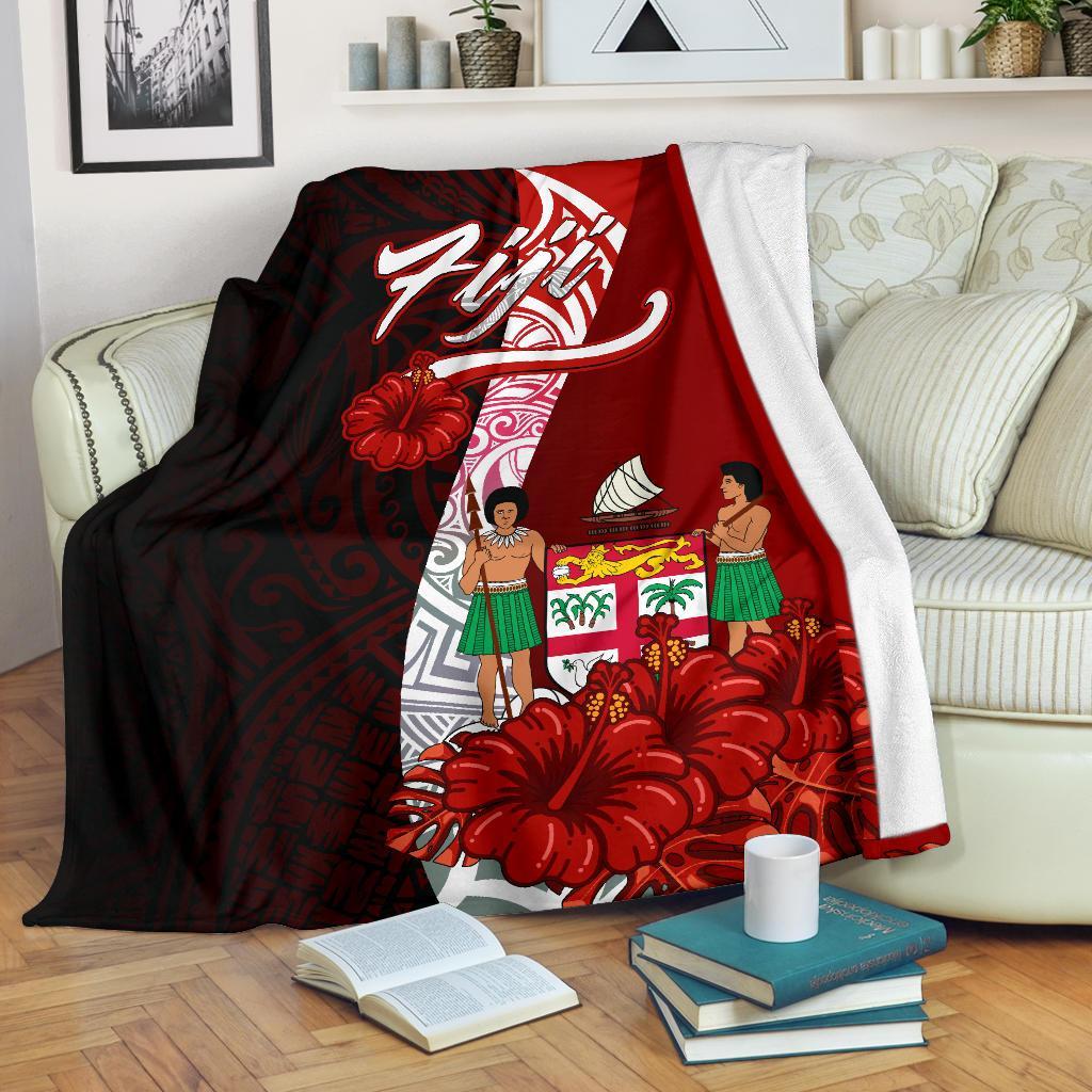 Fiji Polynesian Premium Blanket - Coat Of Arm With Hibiscus White - Polynesian Pride