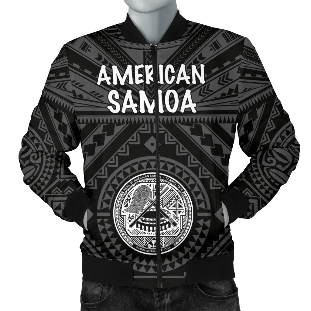 American Samoa Men's Bomber Jacket - Seal In Polynesian Tattoo Style ( Black) Black - Polynesian Pride