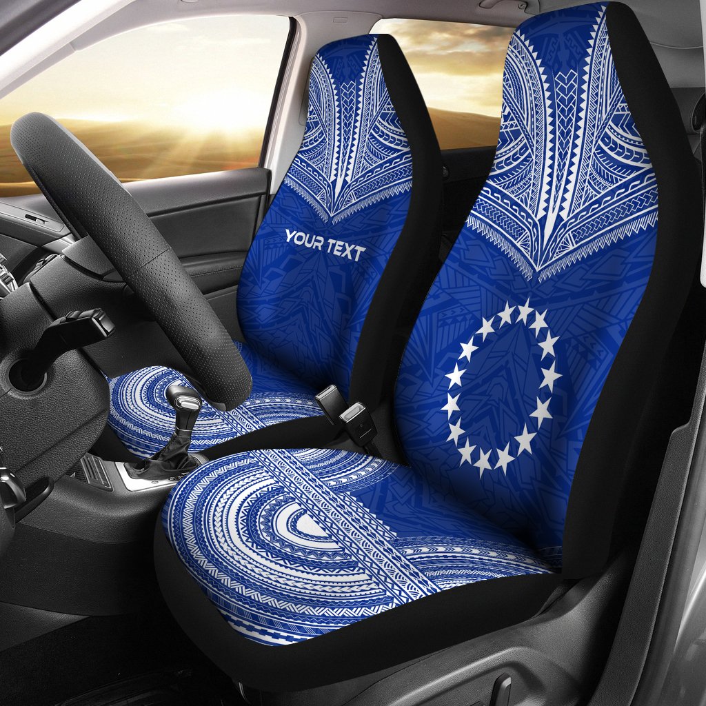 Cook Islands Custom Personalised Car Seat Cover - Cook Islands FLag Polynesian Chief Tattoo BLue Version Universal Fit Blue - Polynesian Pride