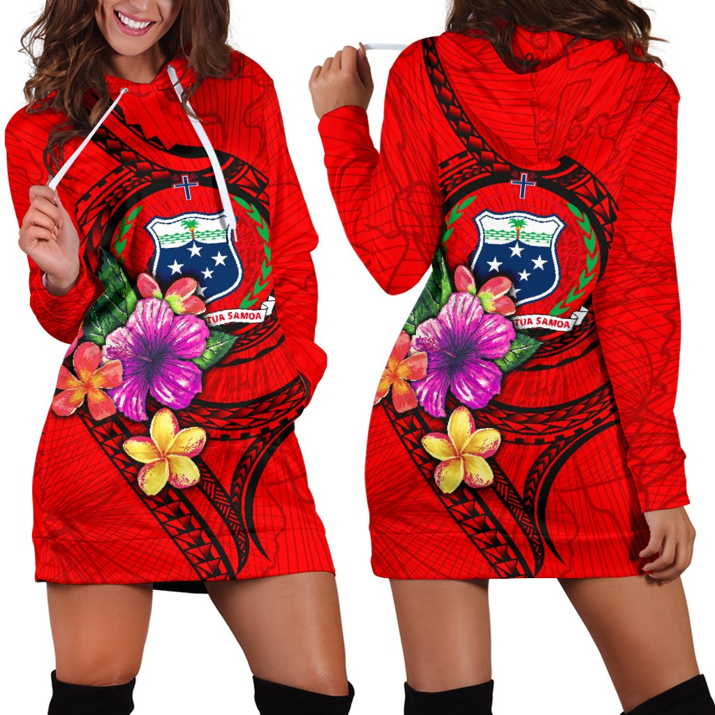 Samoa Polynesian Women's Hoodie Dress - Floral With Seal Red Red - Polynesian Pride