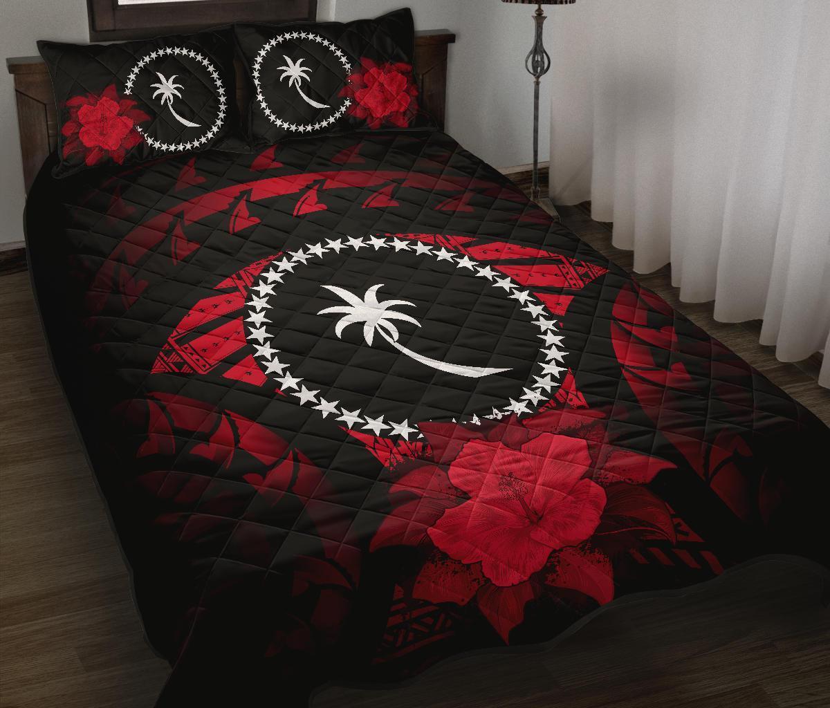 Chuuk Polynesian Quilt Bed Set Hibiscus Red Black - Polynesian Pride