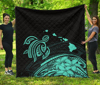 Hawaii Map Plumeria Polynesian Turquoise Premium Quilt Turquoise - Polynesian Pride