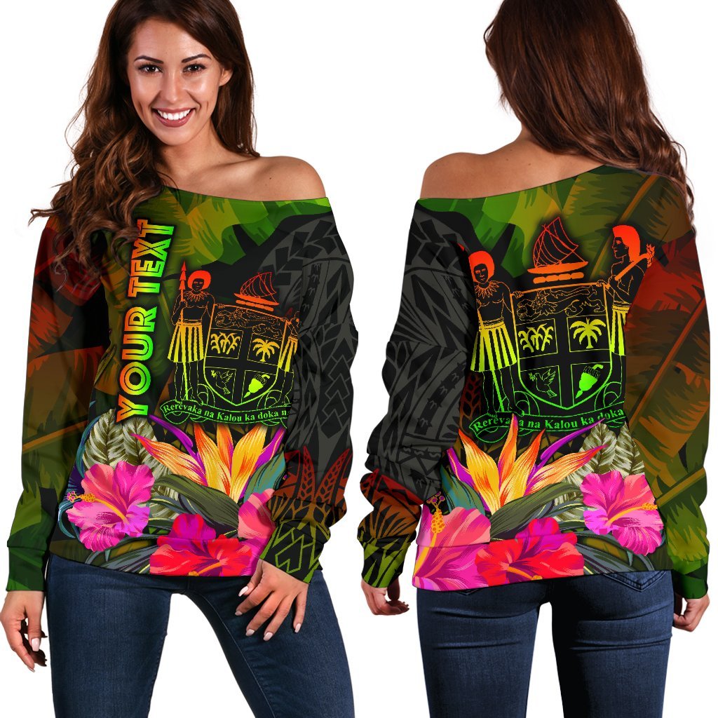 Fiji Polynesian Personalised Women's Off Shoulder Sweater - Hibiscus and Banana Leaves Art - Polynesian Pride