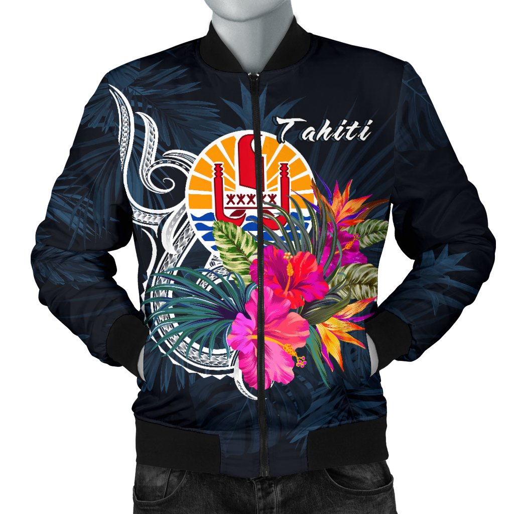 Tahiti Polynesian Men's Bomber Jacket - Tropical Flower Blue - Polynesian Pride