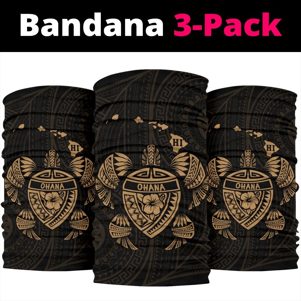 Hawaii Map Turtle Ohana Hibiscus Kakau Polynesian Bandana 3 - Pack - Gold - Polynesian Pride