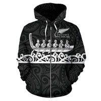 New Zealand Zip up Hoodie, Maori Waka Zipper Hoodie Black Unisex Black - Polynesian Pride