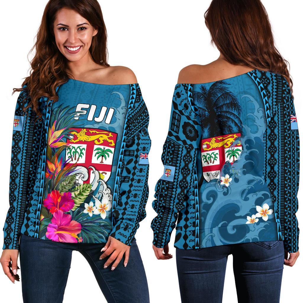 Fiji Women'S Off Shoulder Sweater Coat Of Arms Polynesian With Hibiscus And Waves Blue - Polynesian Pride