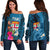 Fiji Women'S Off Shoulder Sweater Coat Of Arms Polynesian With Hibiscus And Waves Blue - Polynesian Pride
