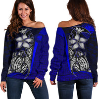 Federated States of Micronesia Women Off Shoulder Sweater Blue - Turtle With Hook Blue - Polynesian Pride