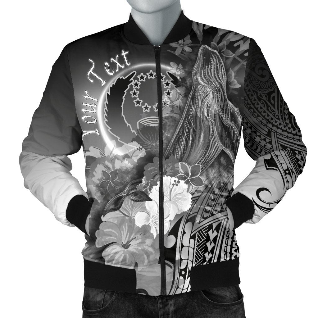 Pohnpei Custom Personalised Men's Bomber Jacket - Humpback Whale with Tropical Flowers (White) White - Polynesian Pride