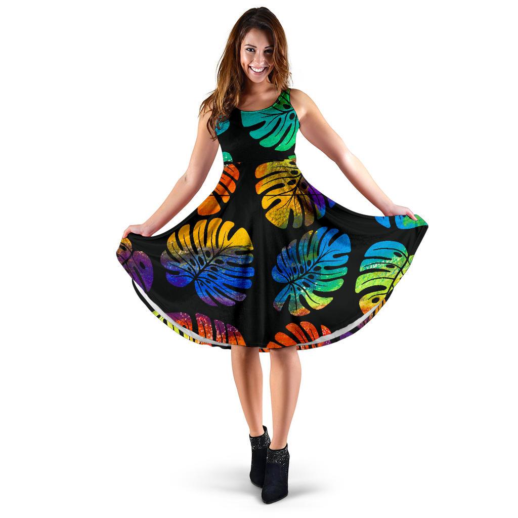 Polynesian Midi Dress - Rainbow Monstera Leave Women Rainbow - Polynesian Pride