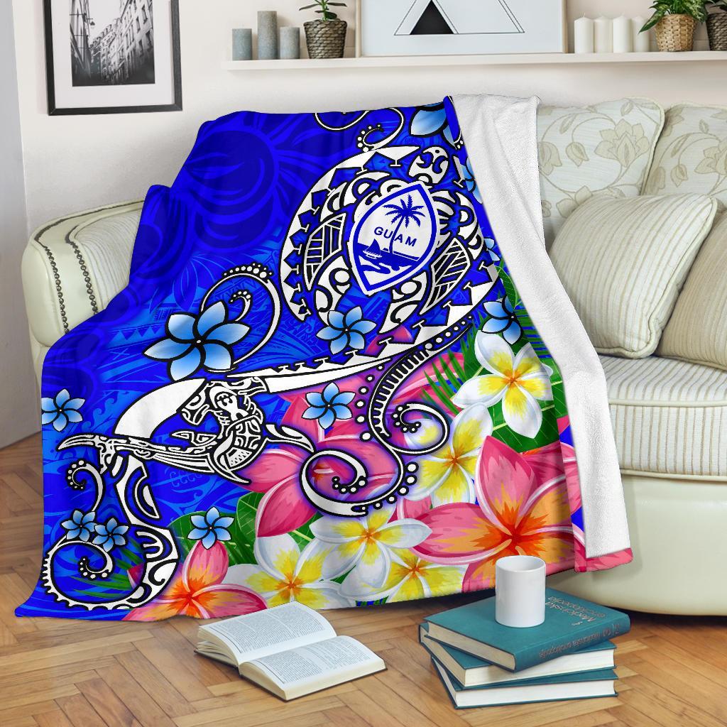 Guam Premium Blanket - Turtle Plumeria (Blue) White - Polynesian Pride