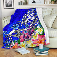 Guam Premium Blanket - Turtle Plumeria (Blue) White - Polynesian Pride