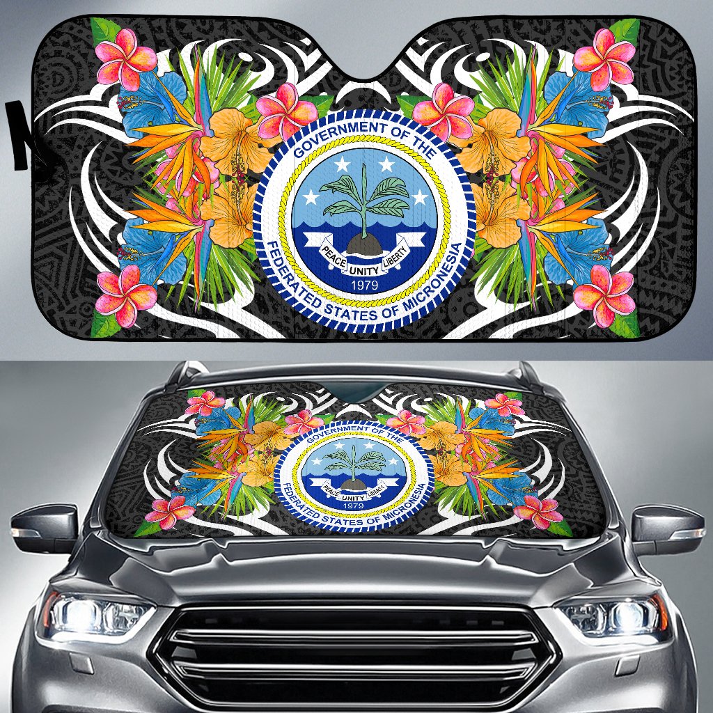 Federated States of Micronesia Auto Sun Shades - Coat Of Arms With Tropical Flowers Auto Sun Shade - FSM Universal Fit Black - Polynesian Pride