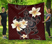 Turtle Poly Tribal Plumeria Red Premium Quilt Red - Polynesian Pride