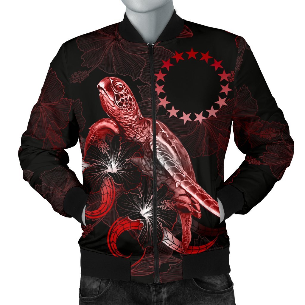 Cook Islands Polynesian Men's Bomber Jacket - Turtle With Blooming Hibiscus Red Red - Polynesian Pride