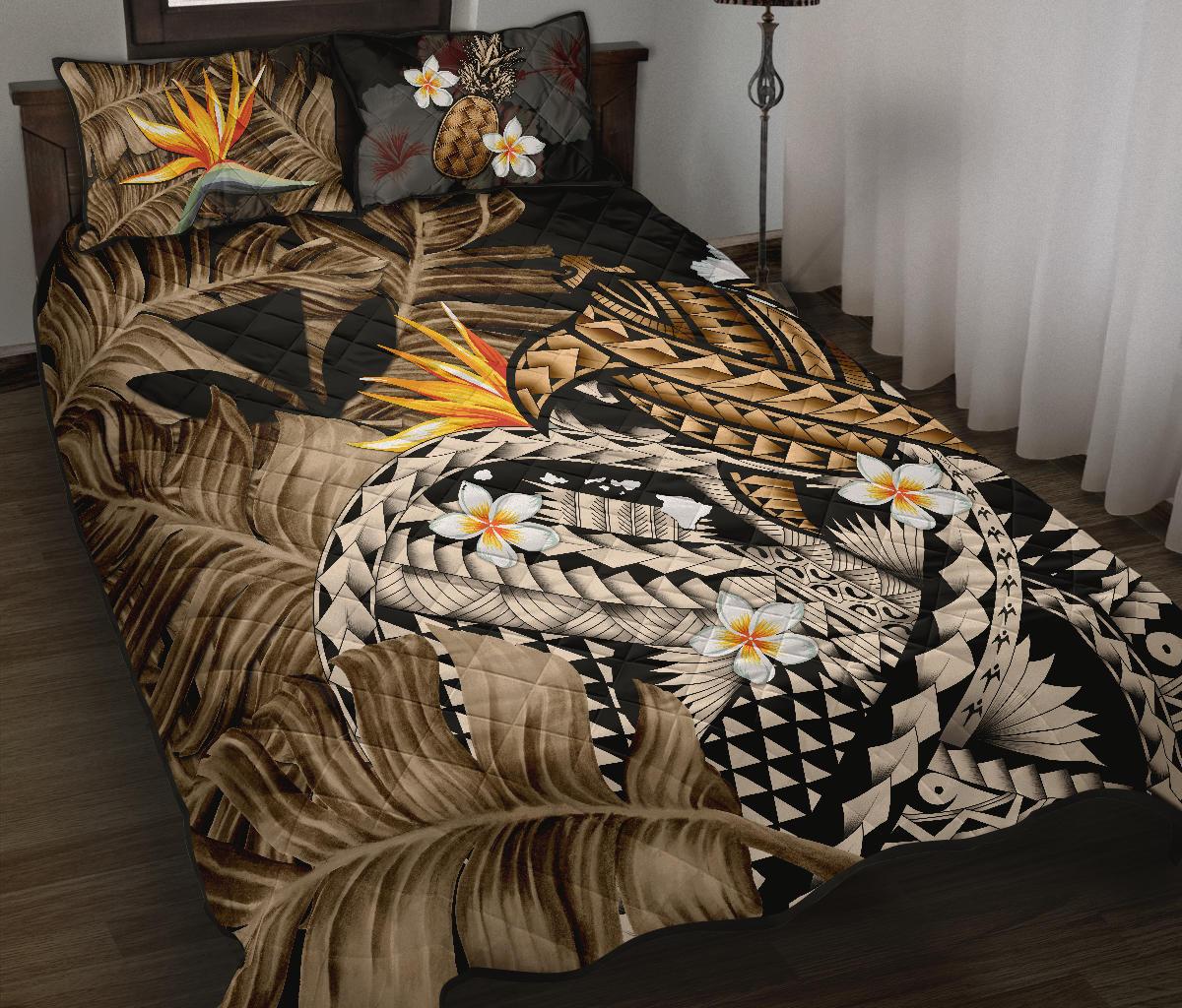 Kanaka Maoli (Hawaiian) Quilt Bed Set, Polynesian Pineapple Banana Leaves Turtle Tattoo Gold - Polynesian Pride