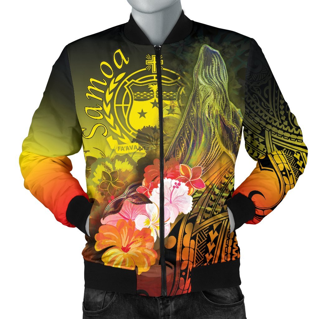 Samoa Men's Bomber Jacket - Humpback Whale with Tropical Flowers (Yellow) Yellow - Polynesian Pride