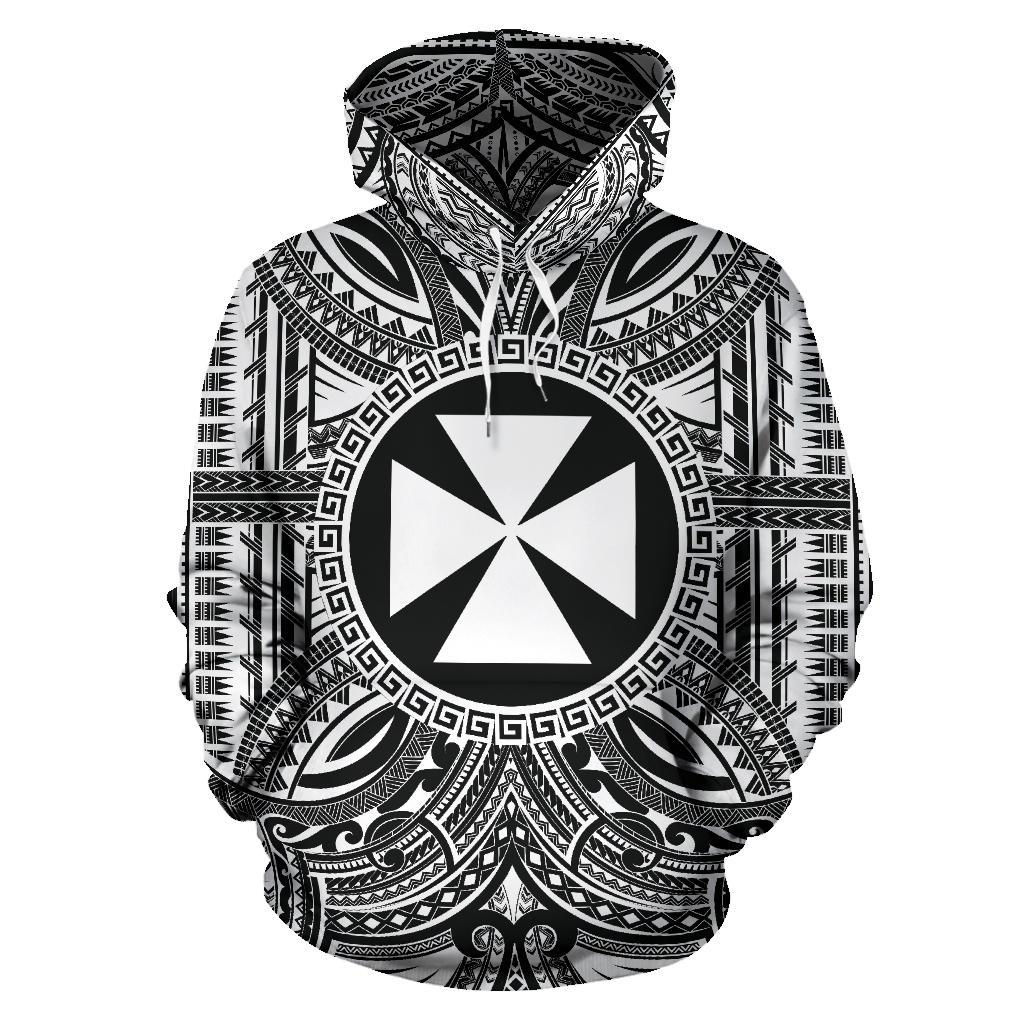 Wallis nd Futuna ll Over Hoodie Wallis nd Futuna Coat of rms Polynesian White Black Unisex Black - Polynesian Pride