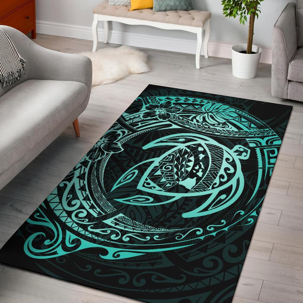 Hawaiian Map Turtle Polynesian Circle Rug AH Rug Turquoise - Polynesian Pride
