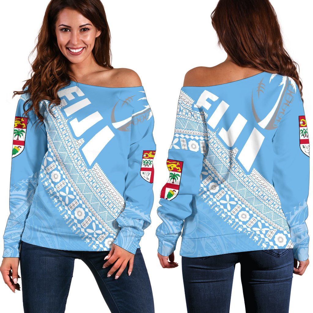 Fiji Tapa Rugby Women Off Shoulder Sweater version Style You Win - Blue Blue - Polynesian Pride