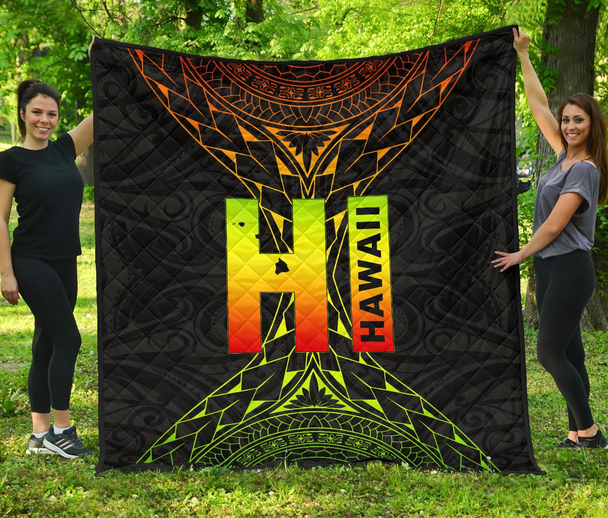 Hawaii Polynesian Quilt - Hawaii Map Reggae Color Version Black - Polynesian Pride
