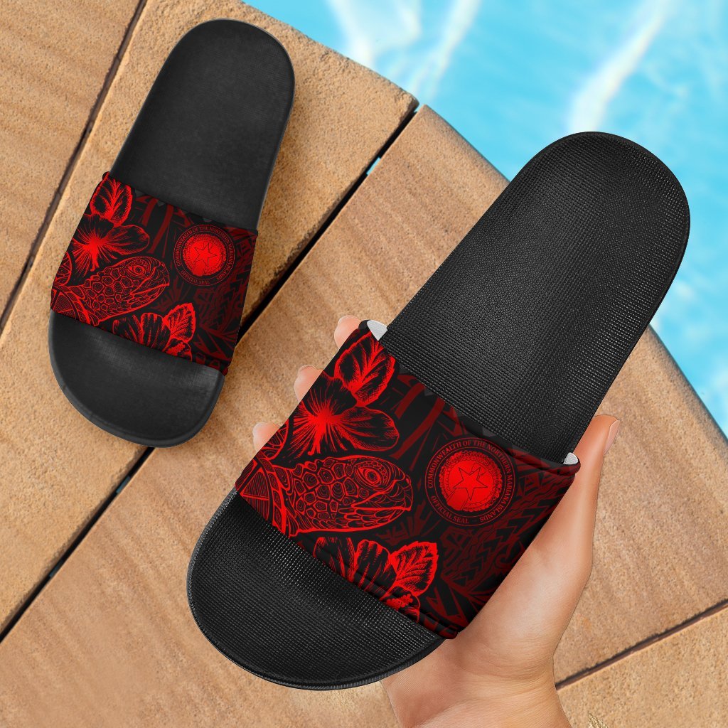 Northern Mariana Islands Slide Sandals - Turtle Hibiscus Pattern Red Black - Polynesian Pride