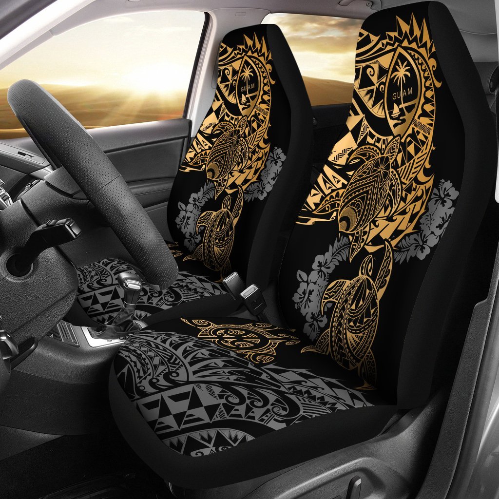 Guam Car Seat Covers - Guam Coat Of Arms Gold Turtle & Gray Hibiscus Universal Fit Gold - Polynesian Pride