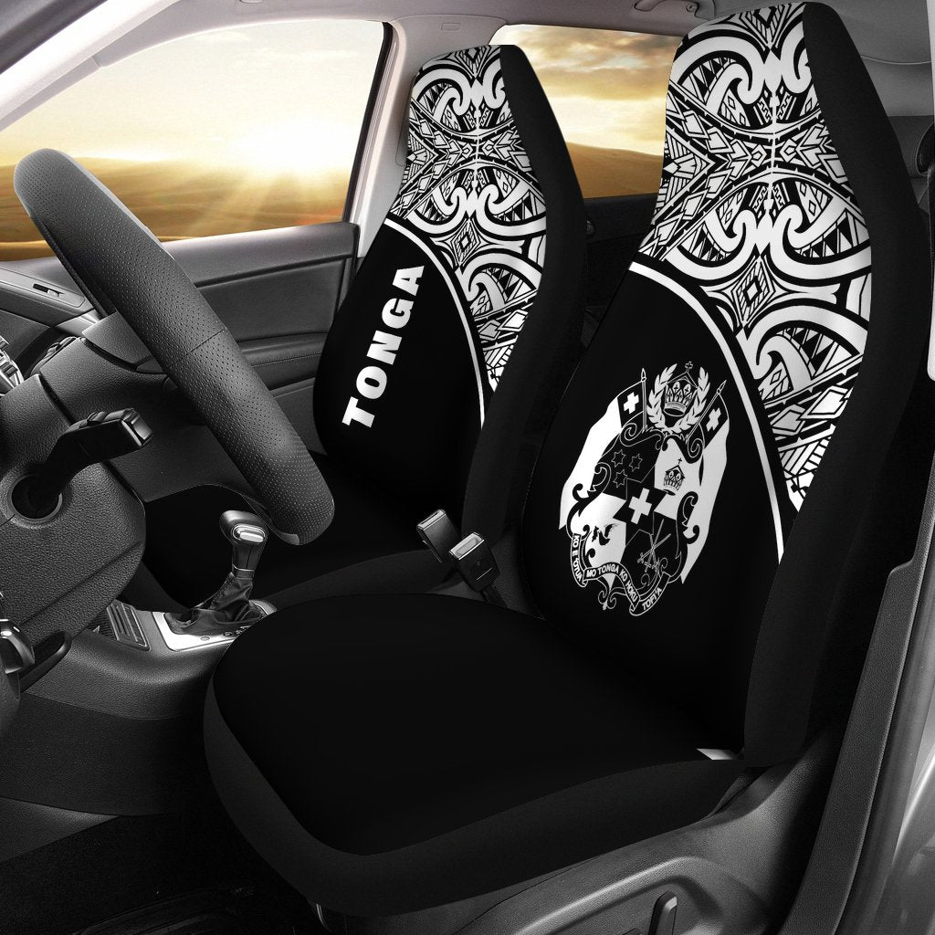 Tonga Car Seat Covers - Tonga Coat Of Arms Polynesian Tattoo White Curve Universal Fit Black - Polynesian Pride