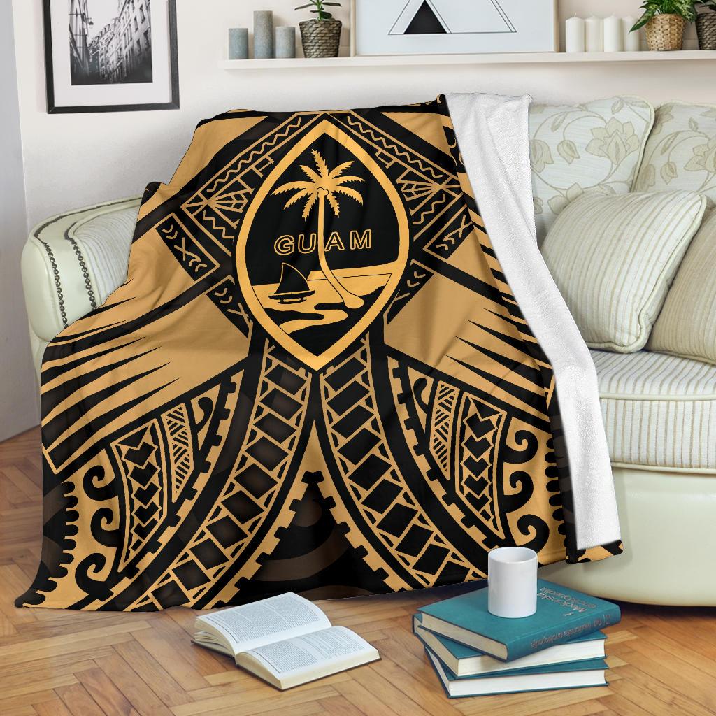 Guam Polynesian Premium Blanket - Guam Gold Seal with Polynesian Tattoo White - Polynesian Pride