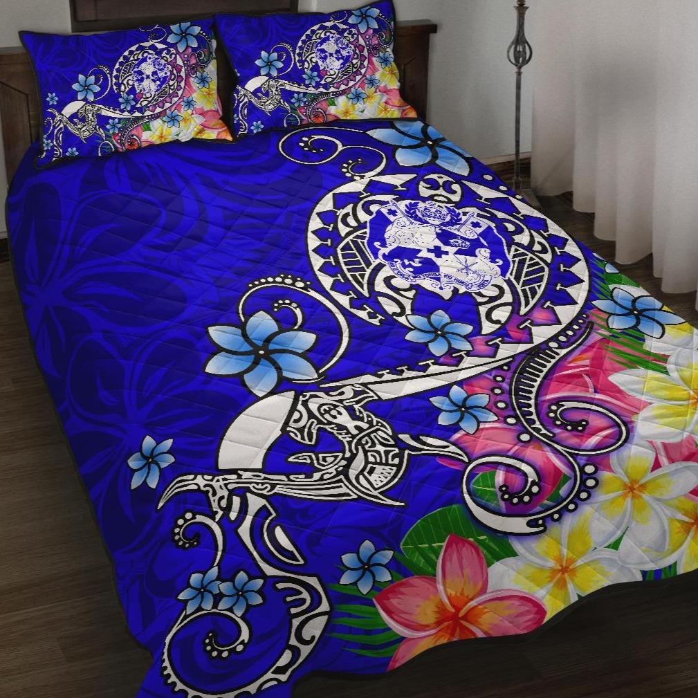 Tonga Quilt Bed Set - Turtle Plumeria (Blue) Blue - Polynesian Pride