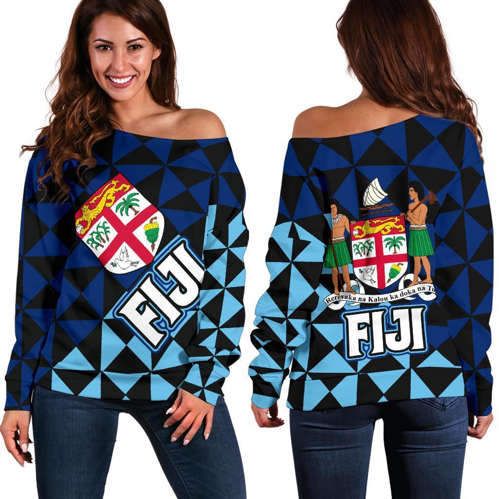Fiji Polynesian Women's Off Shoulder Sweater Coat Of Arms Th5 Black - Polynesian Pride