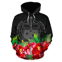 Samoa Polynesian Zip Hoodie Black Hibiscus - Polynesian Pride