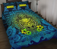 Hawaii Polynesian Quilt Bed Set - Hawaiian Green Yellow Tiki Face Blue Version BLUE - Polynesian Pride