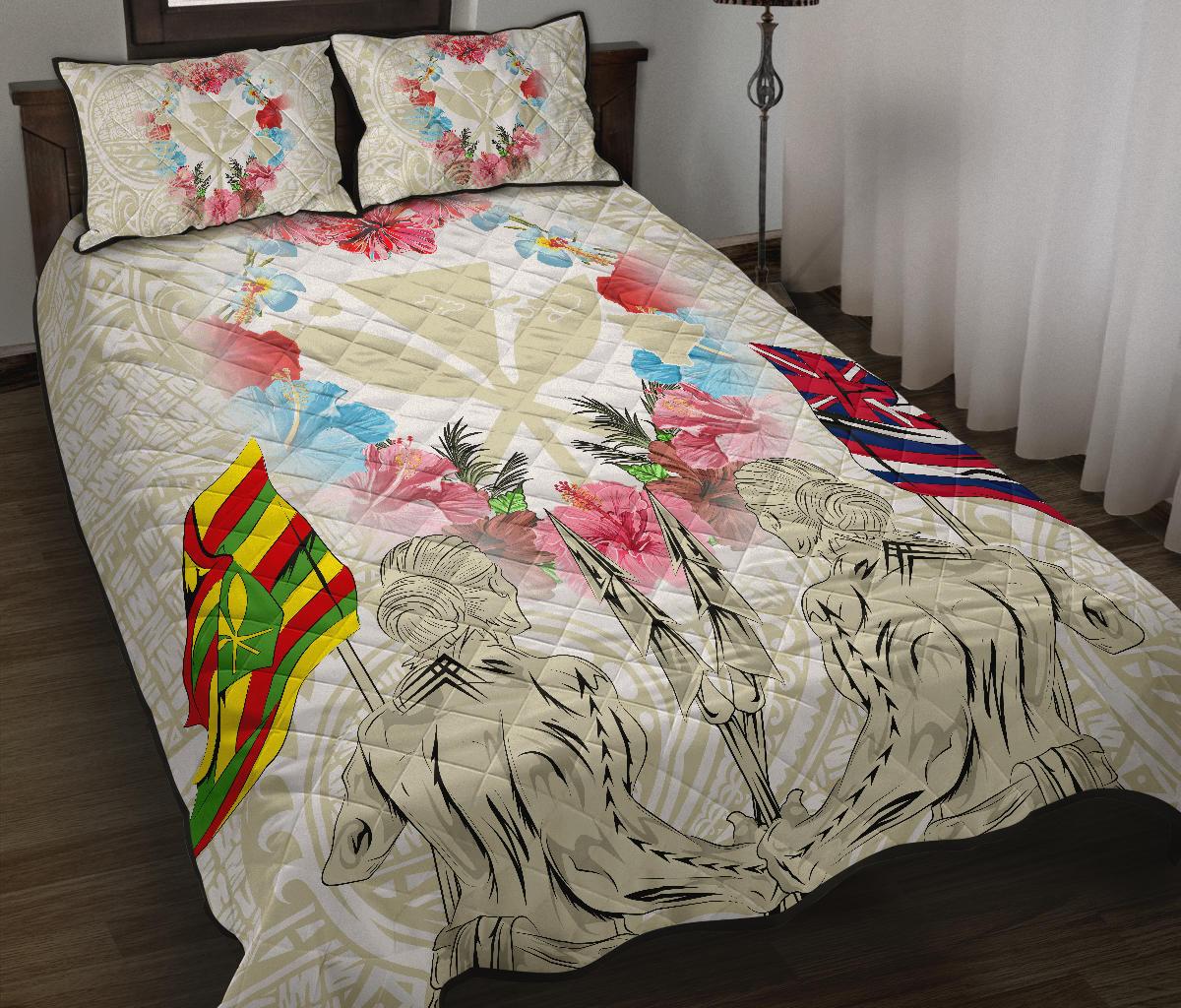 Hawaii Map Kanaka Two Men Holding Flag Quilt Bed Set - AH - Beige - Polynesian Pride