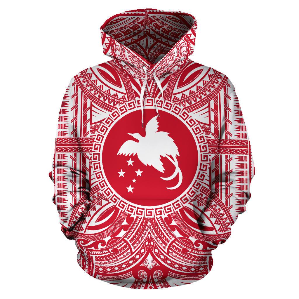 Papua New Guinea 1 ll Over Hoodie Papua New Guinea 1 Coat of rms Polynesian Flag Color Unisex Red - Polynesian Pride