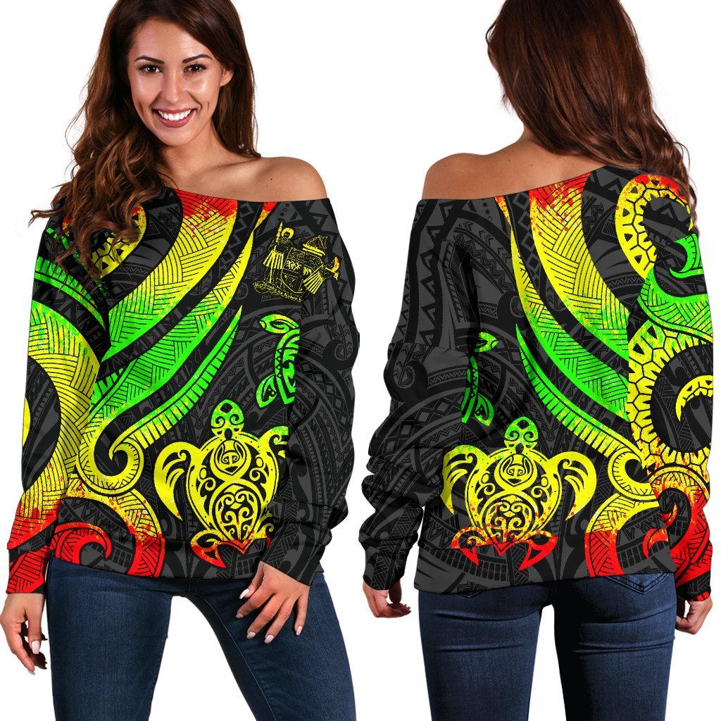 Fiji Polynesian Women Of Shoulder Sweater - Reggae Tentacle Turtle Crest Art - Polynesian Pride