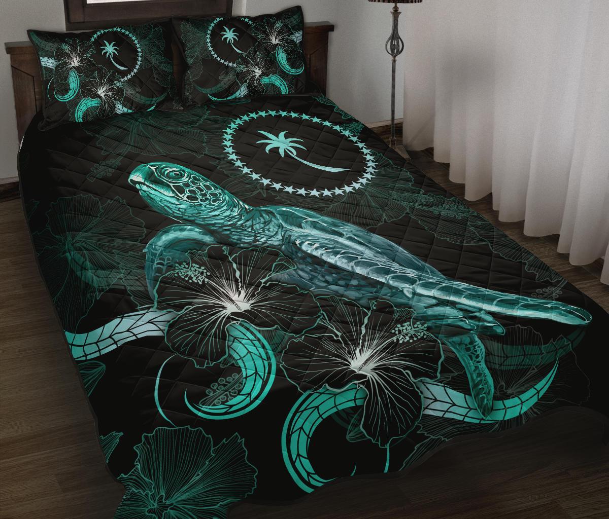 Chuuk Polynesian Quilt Bed Set - Turtle With Blooming Hibiscus Turquoise Turquoise - Polynesian Pride