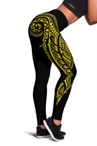 Hawaii State Tattoo Swirly Polynesian Yellow Kanaka Women's Leggings Yellow - Polynesian Pride
