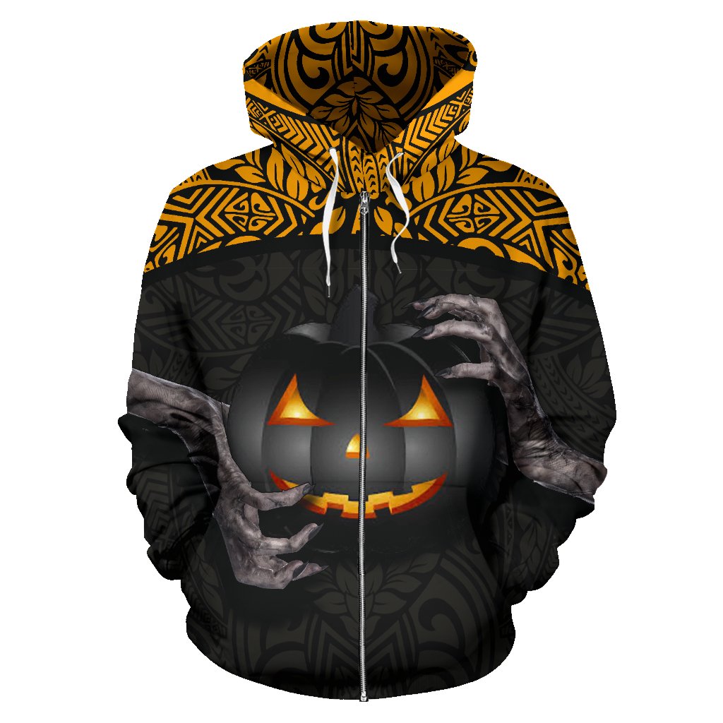 Halloween Polynesian Zip Hoodie Hold Your Pumpkins and Black Cat - Polynesian Pride