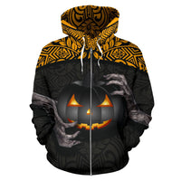 Halloween Polynesian Zip Hoodie Hold Your Pumpkins and Black Cat - Polynesian Pride