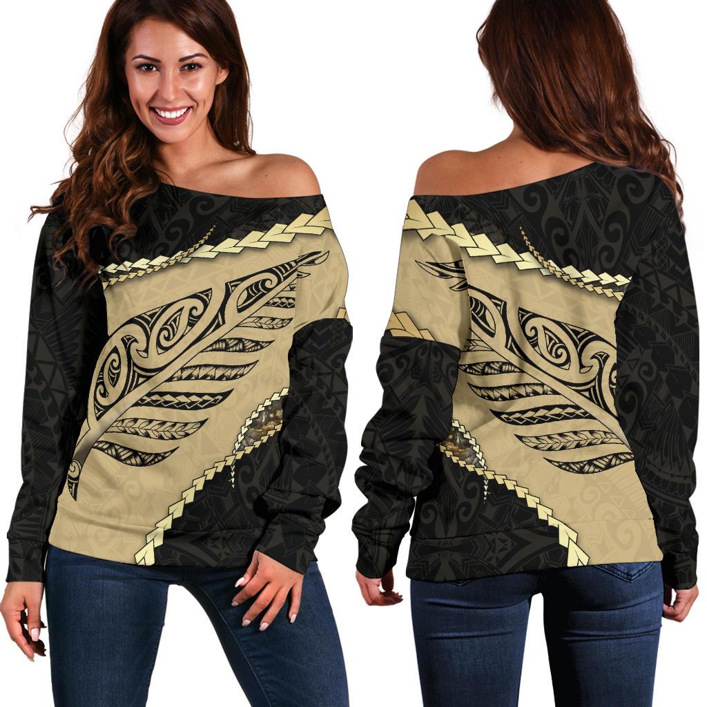 Paua Shell, Maori Silver Fern Women's Off Shoulder Sweater Golden - Polynesian Pride