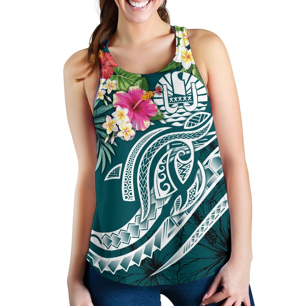 Tahiti Polynesian Women's Racerback Tank - Summer Plumeria (Turquoise) - Polynesian Pride