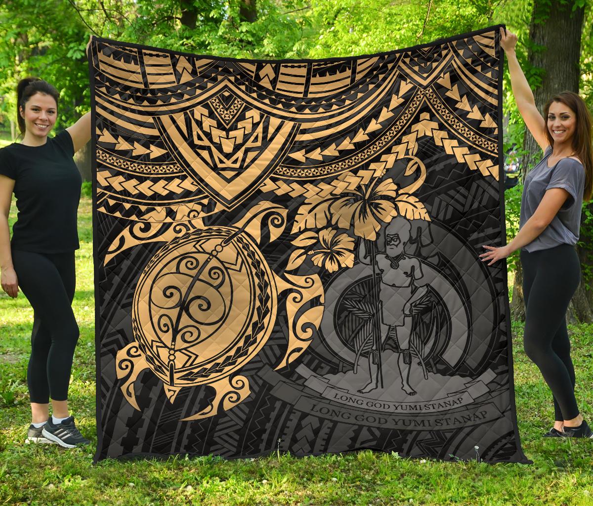 Vanuatu Polynesian Premium Quilt - Vanuatu Coat Of Arms & Gold Turtle Hibiscus GOLD - Polynesian Pride