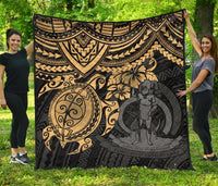 Vanuatu Polynesian Premium Quilt - Vanuatu Coat Of Arms & Gold Turtle Hibiscus GOLD - Polynesian Pride