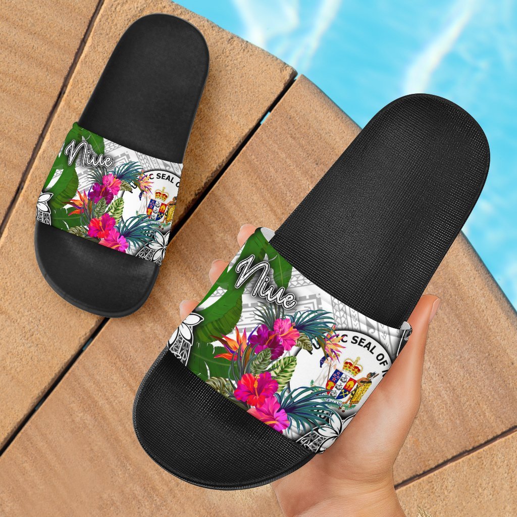 Niue Slide Sandals - Turtle Plumeria Banana Leaf Black - Polynesian Pride