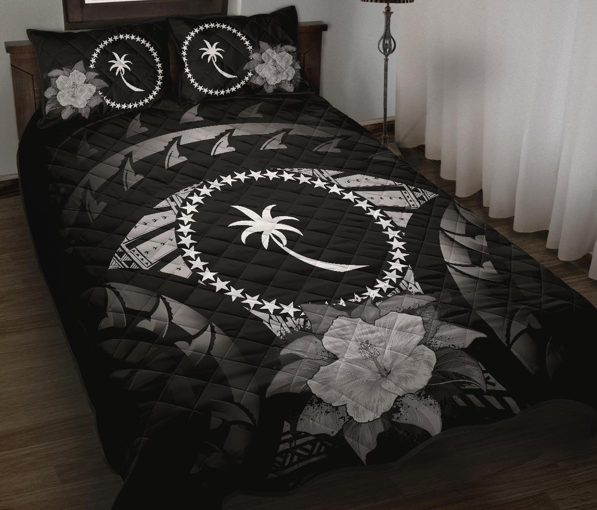Chuuk Polynesian Quilt Bed Set Hibiscus Gray Black - Polynesian Pride