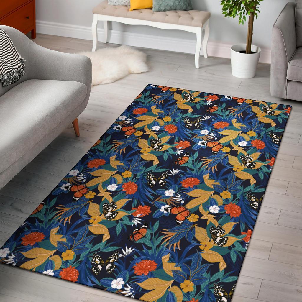Tropical Buttterfly And Flower Rug Black - Polynesian Pride