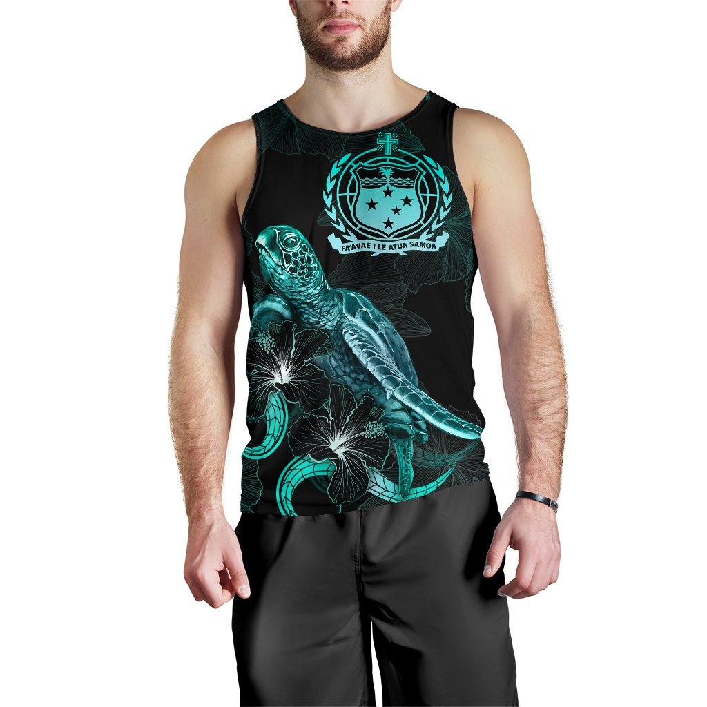 Samoa Polynesian Men Tank Top - Turtle With Blooming Hibiscus Tuquoise - Polynesian Pride